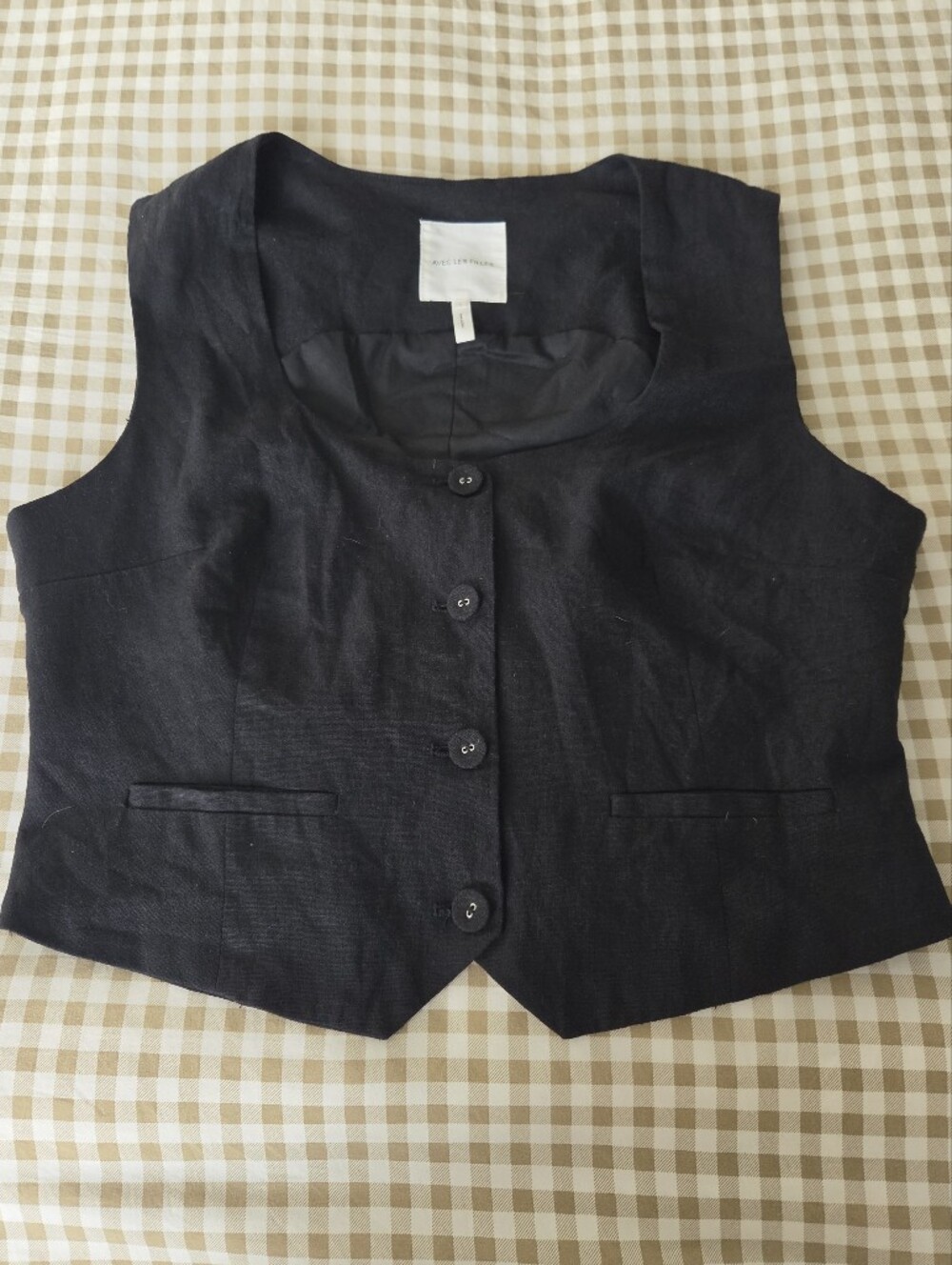 Avec Les Filles Linen-Blend Tailored Black Button-Front Vest, Sz L